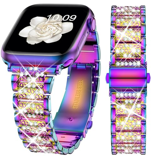 XYF Kompatibel mit Apple Watch-Armbändern, bunt, 45 mm, 44 mm, 42 mm, 49 mm, Serie 9, 8, 7, 6/SE 5, 4, 3, 2, 1, Damen-Armband mit glitzernden Diamanten, Edelstahl, Schmetterlingsverschluss für iWatch von XYF