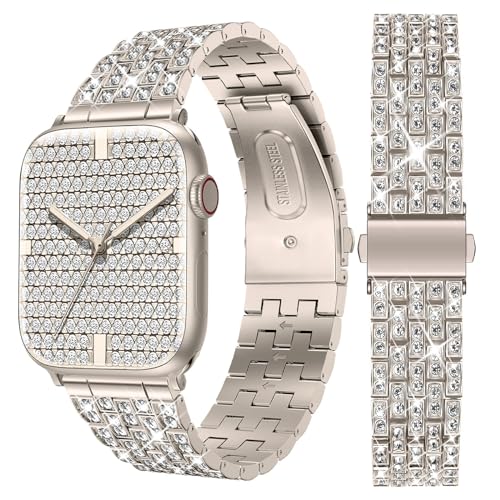 XYF Kompatibel mit Bling Apple Watch Armband 41 mm 40 mm 38 mm für Frauen Mädchen, Glitzer-Diamant-Edelstahl-Metallband für iWatch Ultra 2/1 Serie 9 8 7 6 5 4 3 2 1 SE (38/40/41 mm, Starlight) von XYF