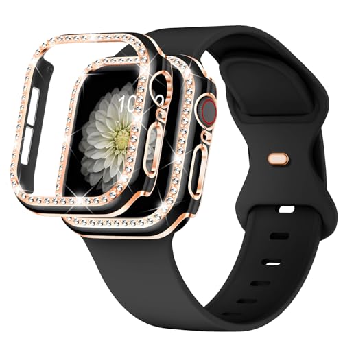 XYF Kompatibel mit Bling Apple Watch Armband für 45 mm, 44 mm, 42 mm, 41 mm, 40 mm, 38 mm, TPU-Armband mit schützender Bumper-Schutzhülle, weiches Silikon für Damen, für iWatch SE Serie 9, 8, 7, 6, 5, von XYF