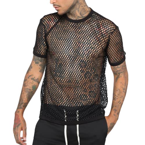 Mens Mesh Fishnet Shirt See Through T-Shirt Muscle Sheer Undershirt Workout Hollow Clubwear (Size:XS,Color:Schwarz) von XYFfybhsd