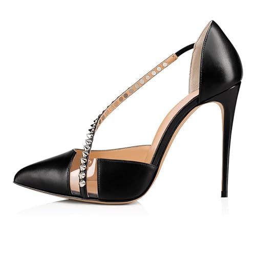 Damen Damen Heels Stiletto D'Orsay Kleid 10 cm High Heels Pumps Spitze Zehen Damen PU + gespleißtes transparentes PVC + Nietenriemen Hochzeitsschuhe für die Braut Sandalen,Schwarz,38 EU von XYHAOAI