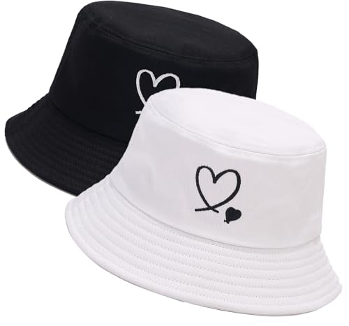 XYIYI 2 Pack Doppelherz Schwarz Weiß Unisex Fischerhüte für Frauen Männer Sommer Strand Angelnhut Sonnehut von XYIYI