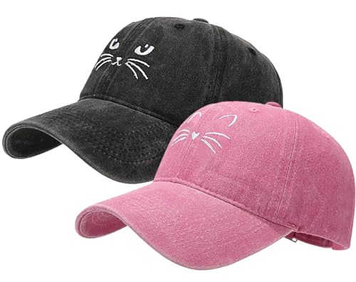XYIYI 2 Pack Niedliche Katze Schwarz Rosa Unisex Washed Vintage Baseballkappe Golf Dad Hat Einstellbare Klassische Low Profile Plain Cap für Herren Damen von XYIYI