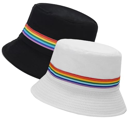 XYIYI 2 Pack Regenbogen Farbband Schwarz Weiß Unisex Fischerhüte für Frauen Männer Sommer Strand Angelnhut Sonnehut von XYIYI