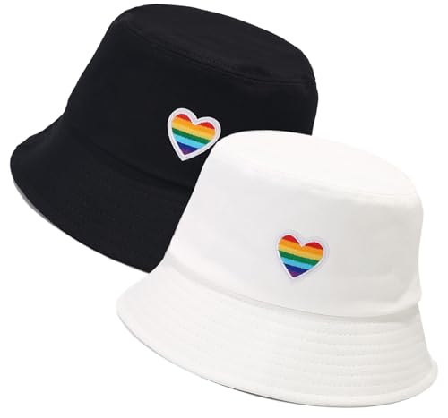 XYIYI 2 Pack Regenbogen Herz Schwarz Weiß Unisex Fischerhüte für Frauen Männer Sommer Strand Angelnhut Sonnehut von XYIYI