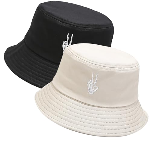 XYIYI 2 Pack Totenkopf Schwarz Beige Unisex Fischerhüte für Frauen Männer Sommer Strand Angelnhut Sonnehut von XYIYI