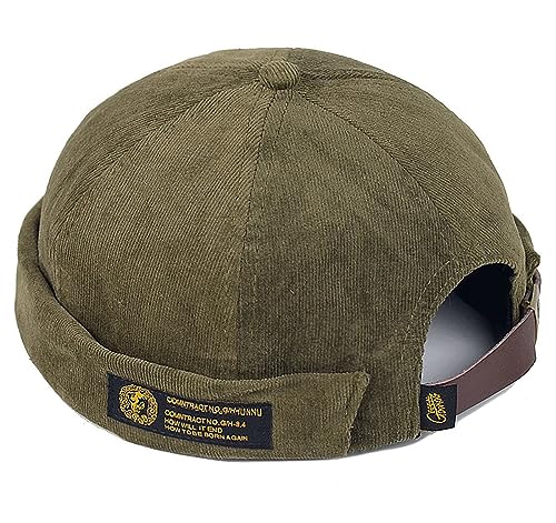 XYIYI Army Grün Herren Cordmütze Dockermütze Brimless Hat Schädelkappe Arbeiter Matrosenmütze Gerollte Manschette Retro Beanie Mütze von XYIYI