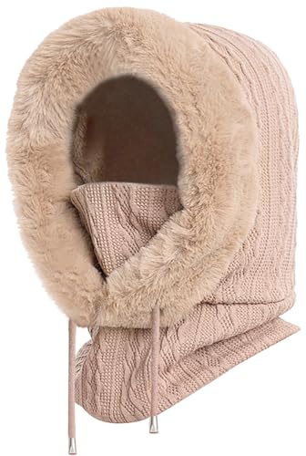 XYIYI Beige Damen Stricken Beanie Warmer Fleece Kapuzenschal Winter Balaclava Pullover Gestrickte Mütze Maske Set mit Kordelzug von XYIYI