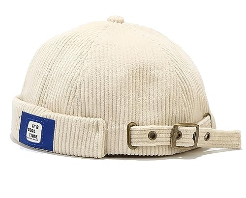 XYIYI Beige Herren Cordmütze Dockermütze Brimless Hat Schädelkappe Arbeiter Matrosenmütze Gerollte Manschette Retro Beanie Mütze von XYIYI