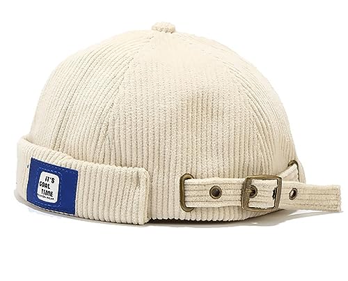 XYIYI Beige Herren Cordmütze Dockermütze Brimless Hat Schädelkappe Arbeiter Matrosenmütze Gerollte Manschette Retro Beanie Mütze von XYIYI