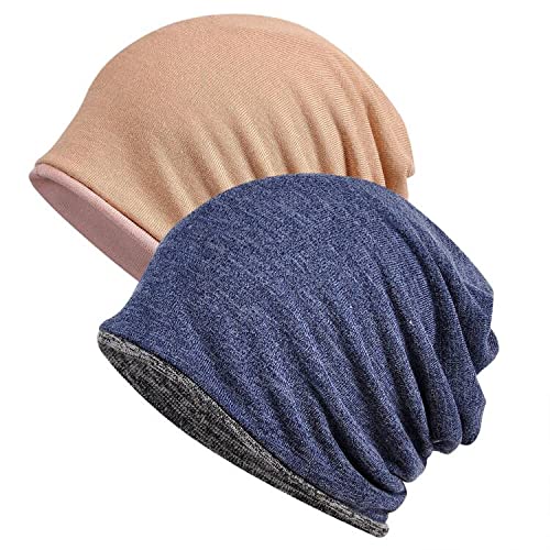 XYIYI Damen Mütze Chemo Hut Slouchy Kopfbedeckungen Kopf Wraps Krebshüte (2 Stück Blau Grau-N) von XYIYI