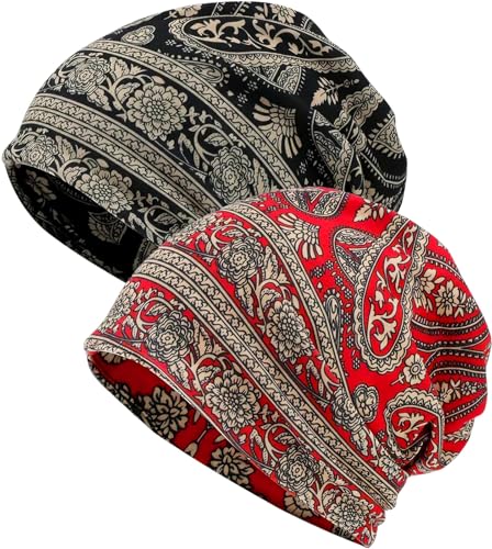 XYIYI Damen Mütze Chemo Hut Slouchy Kopfbedeckungen Kopf Wraps Krebshüte （2Stück Blume Cashew Schwarz Rot） von XYIYI