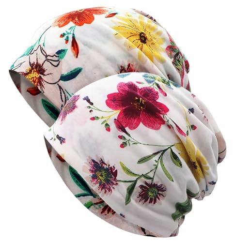 XYIYI Damen Mütze Chemo Hut Slouchy Kopfbedeckungen Kopf Wraps Krebshüte (2Stück Blume Rose Orange) von XYIYI
