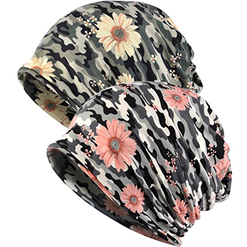 XYIYI Damen Mütze Chemo Hut Slouchy Kopfbedeckungen Kopf Wraps Krebshüte (2Stück Camo Sonnenblume) von XYIYI