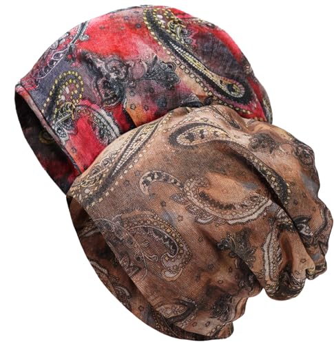 XYIYI Damen Mütze Chemo Hut Slouchy Kopfbedeckungen Kopf Wraps Krebshüte (2Stück Cashew Blume Braun Rot) von XYIYI
