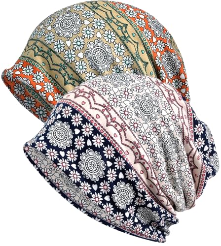 XYIYI Damen Mütze Chemo Hut Slouchy Kopfbedeckungen Kopf Wraps Krebshüte （2Stück Gänseblümchen Navy Orange） von XYIYI