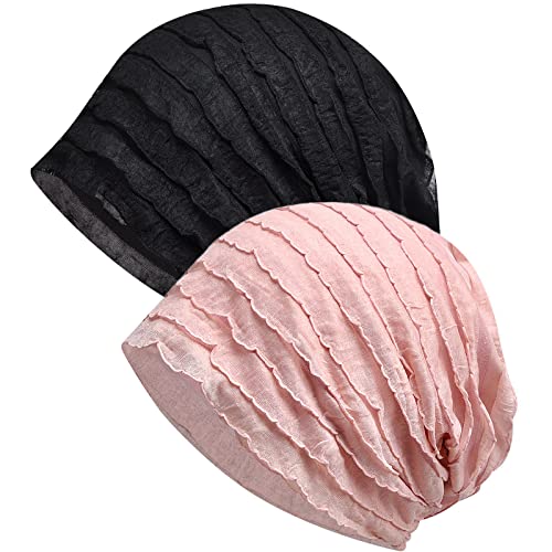 XYIYI Damen Mütze Chemo Hut Slouchy Kopfbedeckungen Kopf Wraps Krebshüte (2Stück Jalousien Schwarz-Rosa-BB) von XYIYI