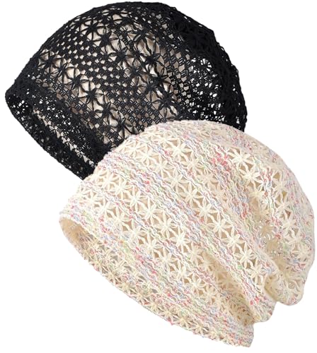 XYIYI Damen Mütze Chemo Hut Slouchy Kopfbedeckungen Kopf Wraps Krebshüte （2Stück Spitze Mesh Schwarz Beige） von XYIYI