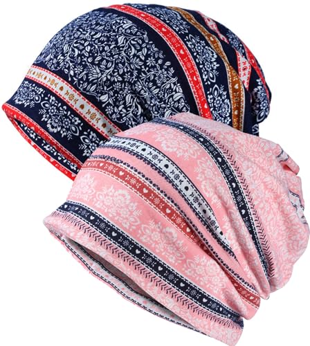 XYIYI Damen Mütze Chemo Hut Slouchy Kopfbedeckungen Kopf Wraps Krebshüte （2Stück Streifen Blume Marineblau Rosa） von XYIYI