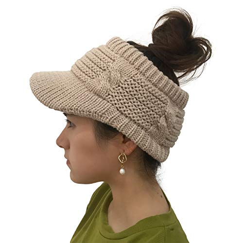 XYIYI Damen Winter Beanie Mütze Warme Visor Pferdeschwanz Hüte Strickmütze (Beige) von XYIYI