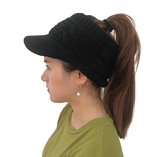 XYIYI Damen Winter Beanie Mütze Warme Visor Pferdeschwanz Hüte Strickmütze (Schwarz) von XYIYI