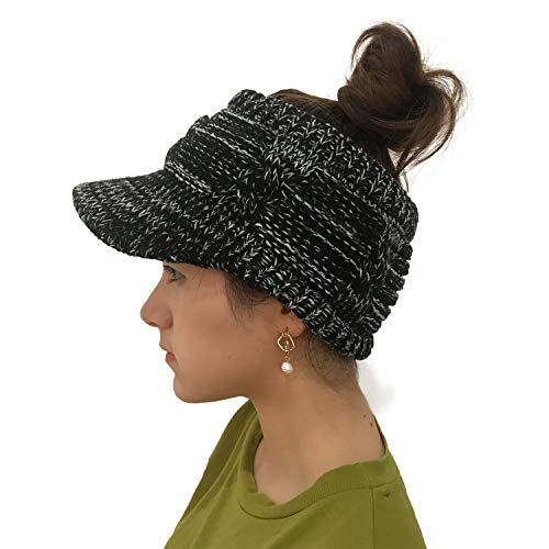 XYIYI Damen Winter Beanie Mütze Warme Visor Pferdeschwanz Hüte Strickmütze (Schwarz-Weiss) von XYIYI