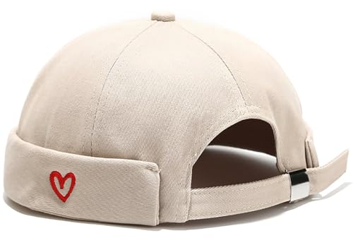 XYIYI Herren Herz Beige Dockermütze Brimless Hat Schädelkappe Arbeiter Matrosenmütze Gerollte Manschette Retro Beanie Mütze von XYIYI