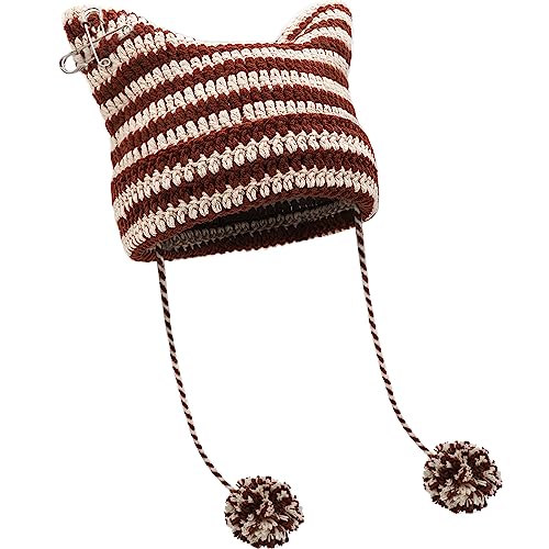 XYIYI Kaffee Beige Häkelmützen für Frauen Fuchs Strickmütze mit Pompons Grunge Goth Zubehör Slouchy Beanies für Damen Mädchen von XYIYI