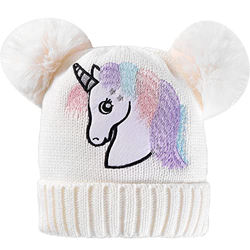 XYIYI Kinder Winter Pompon Mütze Knit Ski Mütze Double Pom Beanie Cap für 5-10 Jahre alte Jungen Mädchen, Einhorn, Einheitsgröße von XYIYI