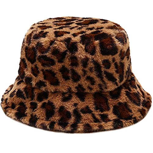 XYIYI Leopard Braun Pelzig Fischerhut Winter Wärmer Gepard Bucket Hat Flauschige Fischermütze Eimer Hut für Damen Mädchen von XYIYI