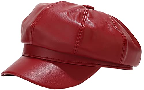 XYIYI Rot Damen Fiddler Cap Newsboy Hut PU Leder Visor Baskenmütze Cap Paperboy Gatsby Hut von XYIYI