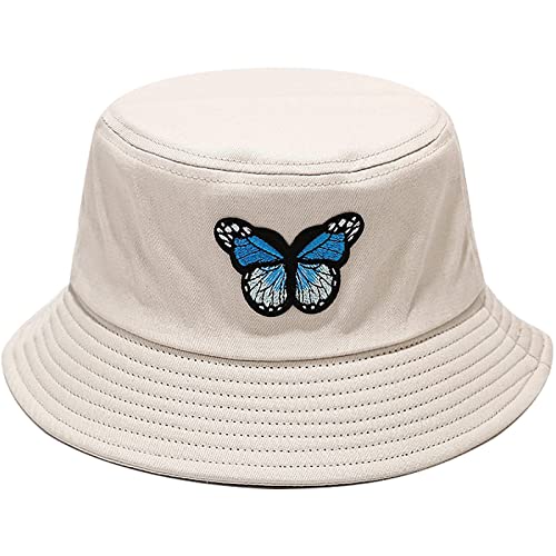 XYIYI Schmetterling Beige Mode Embroidered Fischerhüte Baumwolle Strand Sonnenhut Fischerkappe für Damen Jugendliche von XYIYI