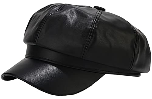 XYIYI Schwarz Damen Fiddler Cap Newsboy Hut PU Leder Visor Baskenmütze Cap Paperboy Gatsby Hut von XYIYI