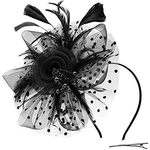 XYIYI Schwarz Fascinators Hut Blume Mesh Federn Stirnband Tea Party Kopfbedeckung Kentucky Derby Hochzeit Haarspange für Damen Mädchen von XYIYI