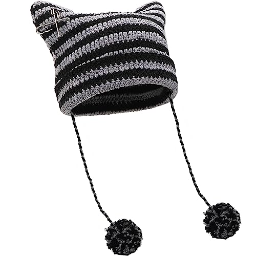 XYIYI Schwarz Grau Häkelmützen für Frauen Fuchs Strickmütze mit Pompons Grunge Goth Zubehör Slouchy Beanies für Damen Mädchen von XYIYI