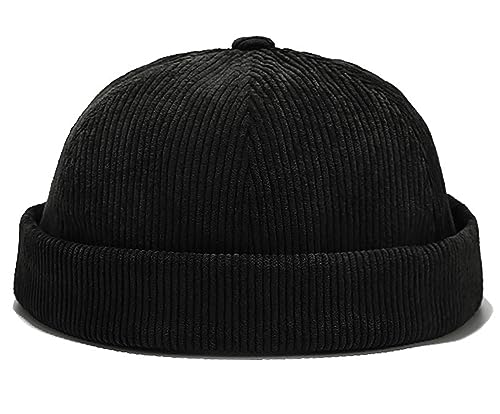 XYIYI Schwarz Herren Cordmütze Dockermütze Brimless Hat Schädelkappe Arbeiter Matrosenmütze Gerollte Manschette Retro Beanie Mütze von XYIYI