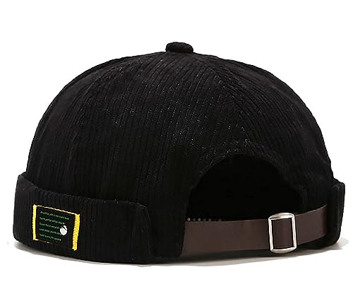 XYIYI Schwarz Herren Cordmütze Dockermütze Brimless Hat Schädelkappe Arbeiter Matrosenmütze Gerollte Manschette Retro Beanie Mütze von XYIYI