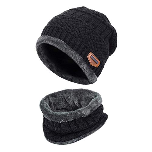 XYIYI Schwarz Kinder Wintermütze und Schal Set, 2 Stück Warme Strickmütze Beanie Hut für 5-14 Jahre von XYIYI