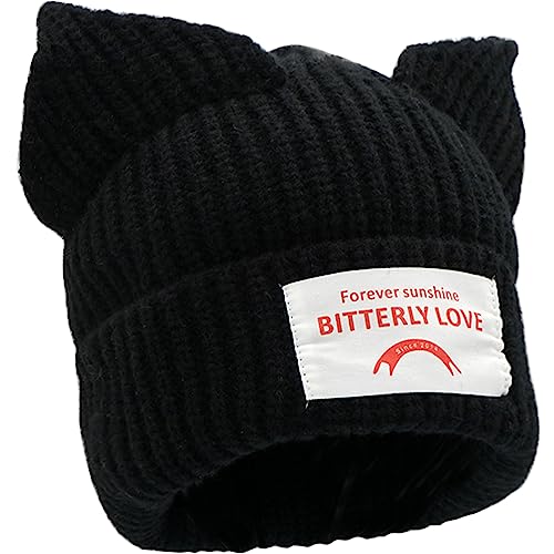 XYIYI Schwarz Knit Beanie Hüte Niedlich Katze Ohr Mütze Winter Wolle Mütze Warm Häkeln Skull Cap Slouchy Hut von XYIYI