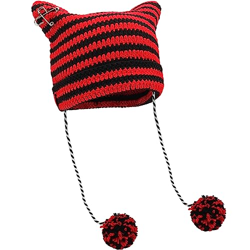 XYIYI Schwarz Rot Häkelmützen für Frauen Fuchs Strickmütze mit Pompons Grunge Goth Zubehör Slouchy Beanies für Damen Mädchen von XYIYI