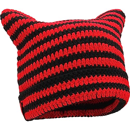 XYIYI Schwarz Rot Häkelmützen für Frauen Katze Ohr Stricken Hut Vintage Beanie Grunge Zubehör Slouchy Mützen für Frauen von XYIYI