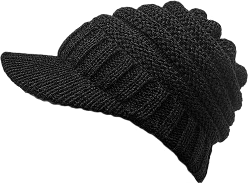 XYIYI Schwarze Damen Winter Warme Strickmütze Gerippt Slouchy Beanie Mütze mit Visor Krempe von XYIYI