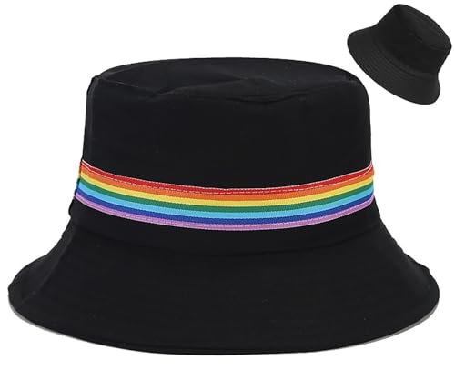 XYIYI Trendy Regenbogen Farbband Schwarz Unisex Baumwolle Sonnenhut Mode Fischerhüte Strandhut von XYIYI