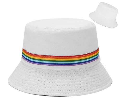 XYIYI Trendy Regenbogen Farbband Weiß Unisex Baumwolle Sonnenhut Mode Fischerhüte Strandhut von XYIYI