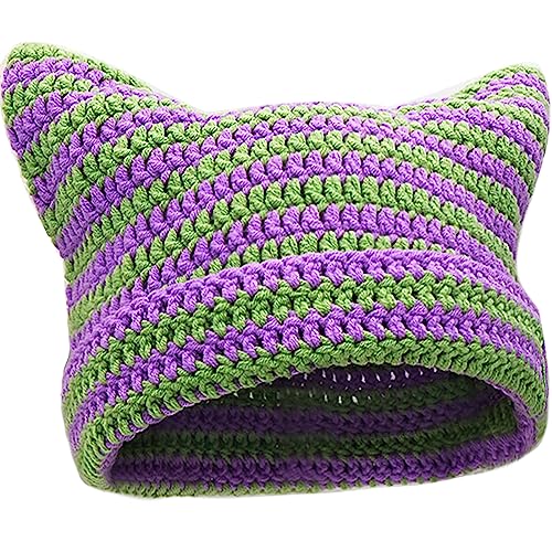 XYIYI Violett Grün Häkelmützen für Frauen Katze Ohr Stricken Hut Vintage Beanie Grunge Zubehör Slouchy Mützen für Frauen von XYIYI