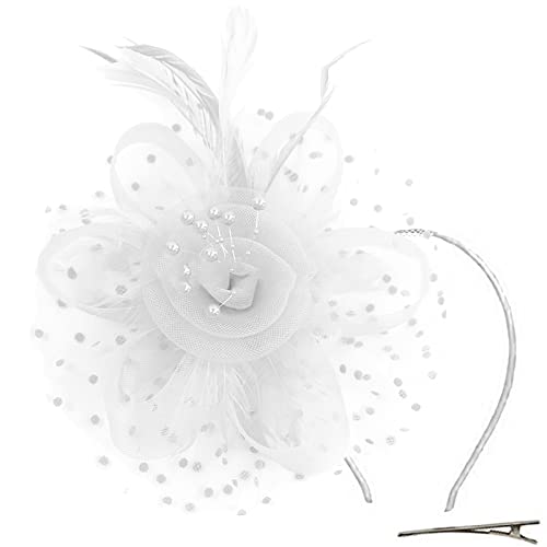 XYIYI Weiß Fascinators Hut Blume Mesh Federn Stirnband Tea Party Kopfbedeckung Kentucky Derby Hochzeit Haarspange für Damen Mädchen von XYIYI