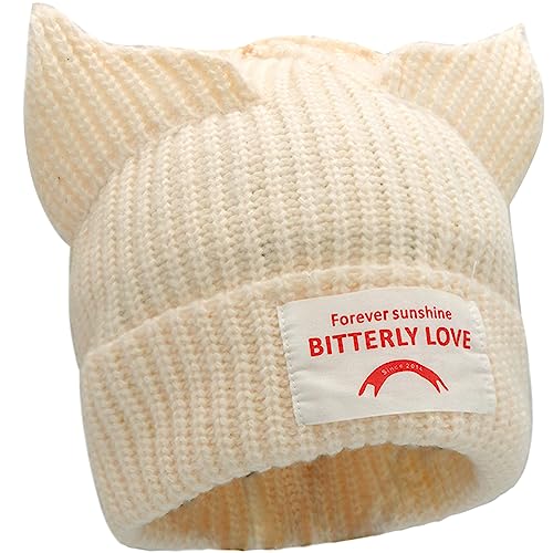 XYIYI Weiß Knit Beanie Hüte Niedlich Katze Ohr Mütze Winter Wolle Mütze Warm Häkeln Skull Cap Slouchy Hut von XYIYI