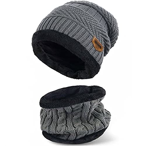 XYIYI Winter Beanie Mütze und Schal Set Warme Strickmütze Dicke Fleecefutter für Damen und Herren (Grau) von XYIYI