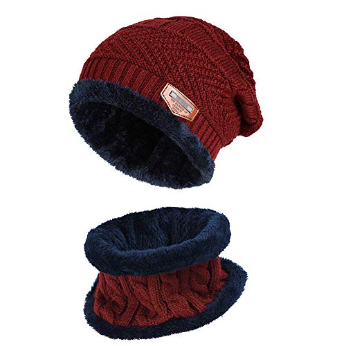 XYIYI Winter Beanie Mütze und Schal Set Warme Strickmütze Dicke Fleecefutter für Damen und Herren (Rot) von XYIYI