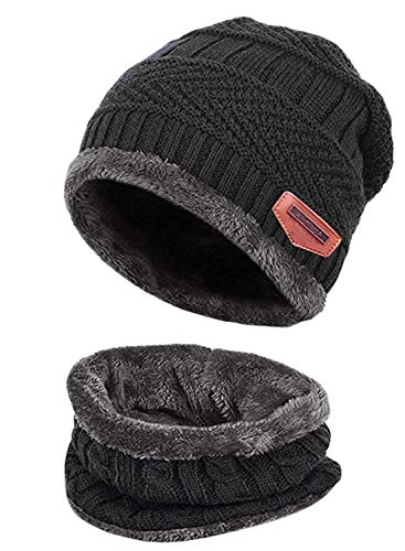 XYIYI Winter Beanie Mütze und Schal Set Warme Strickmütze Dicke Fleecefutter für Damen und Herren (Schwarz) von XYIYI